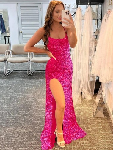 Cheap Spaghetti Straps Sleeveless Long Velvet Sequin Prom Dress with Slit and Criss Cross Open Back UK