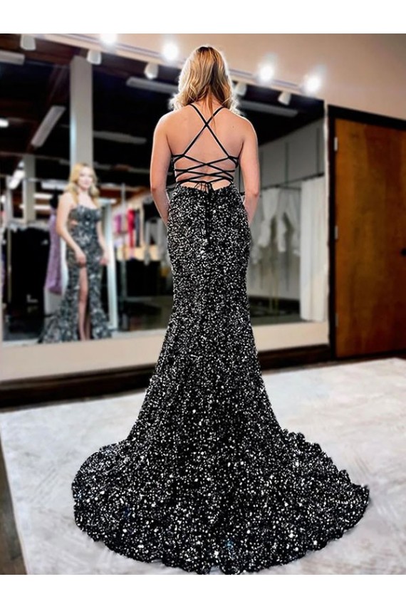 Cheap Spaghetti Straps Sleeveless Long Sweep Train Velvet Sequin Prom Dress UK