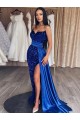 Cheap Sweetheart Sleeveless Long Sweep Train Velvet Sequin Prom Dress with Slit UK