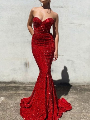 Cheap Mermaid Sweetheart Sleeveless Long Court Train Velvet Sequin Prom Dress UK