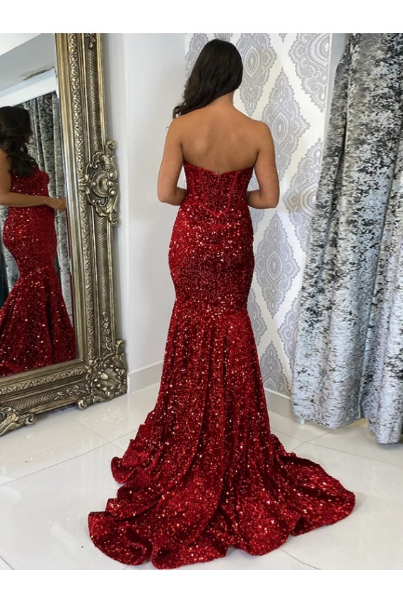 Cheap Sweetheart Sleeveless Long Court Train Velvet Sequin Prom Dress UK