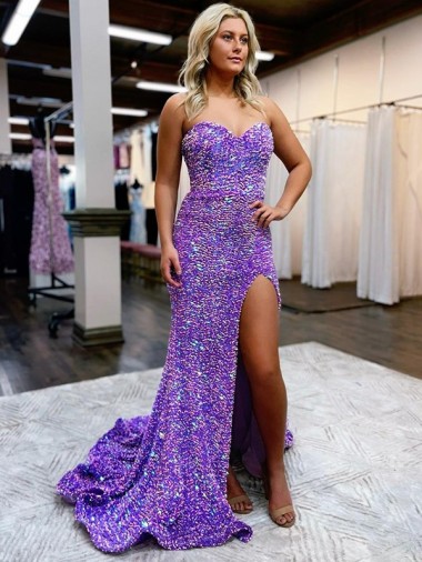 Cheap A-Line Sweetheart Sleeveless Long Velvet Sequin Prom Dress with Slit UK