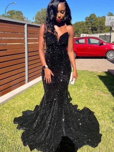 Cheap Mermaid Sweetheart Sleeveless Long Floor Length Velvet Sequin Prom Dress UK