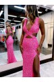 Cheap Long V-Neck Sleeveless Sweep Train Velvet Sequin Prom Dress with High Slit UK