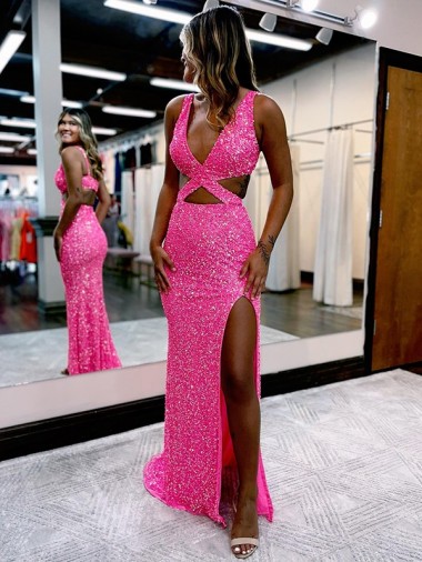 Cheap Long V-Neck Sleeveless Sweep Train Velvet Sequin Prom Dress with High Slit UK