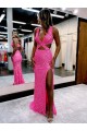 Cheap Long V-Neck Sleeveless Sweep Train Velvet Sequin Prom Dress with High Slit UK