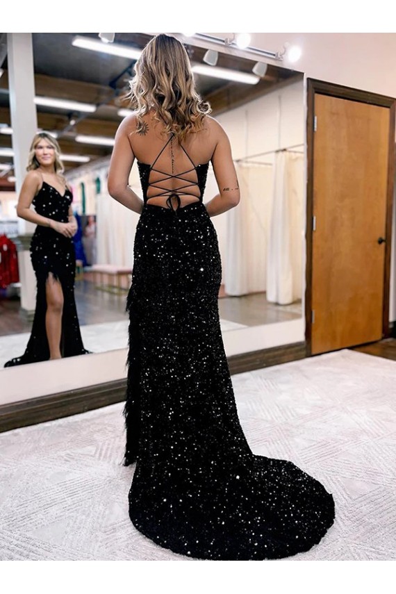 Cheap V-Neck Sleeveless Long Velvet Sequin Royal Blue Prom Dress with Side Slit UK