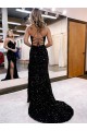 Cheap V-Neck Sleeveless Long Velvet Sequin Royal Blue Prom Dress with Side Slit UK