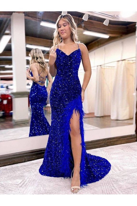 Cheap V-Neck Sleeveless Long Velvet Sequin Royal Blue Prom Dress with Side Slit UK