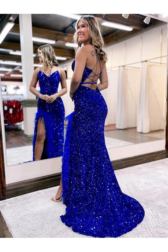 Cheap V-Neck Sleeveless Long Velvet Sequin Royal Blue Prom Dress with Side Slit UK