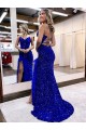 Cheap V-Neck Sleeveless Long Velvet Sequin Royal Blue Prom Dress with Side Slit UK