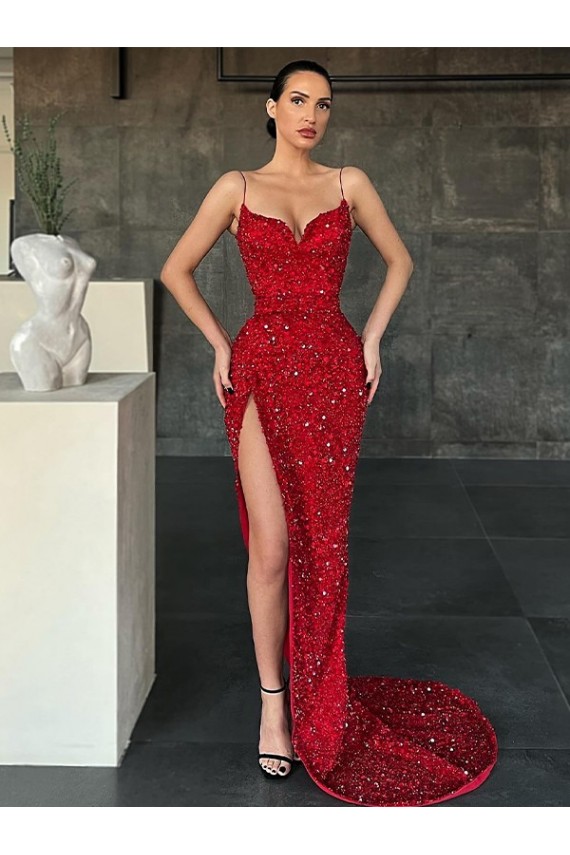 Cheap V-Neck Sleeveless Long Sweep Train Velvet Sequin Prom Dress with High Side Slit UK