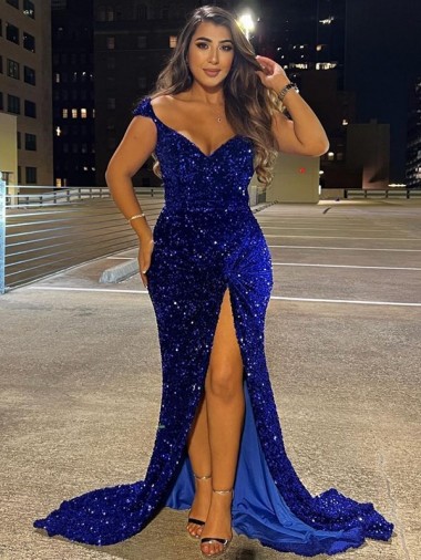 Cheap V-Neck Sleeveless Long Sweep Train Velvet Sequin Prom Dress with Slit UK