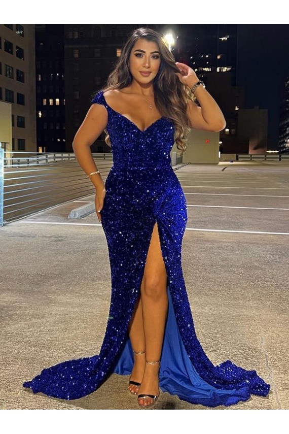 Cheap V-Neck Sleeveless Long Sweep Train Velvet Sequin Prom Dress with Slit UK