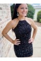 Cheap Halter Sleeveless Short Velvet Sequin Prom Dress UK