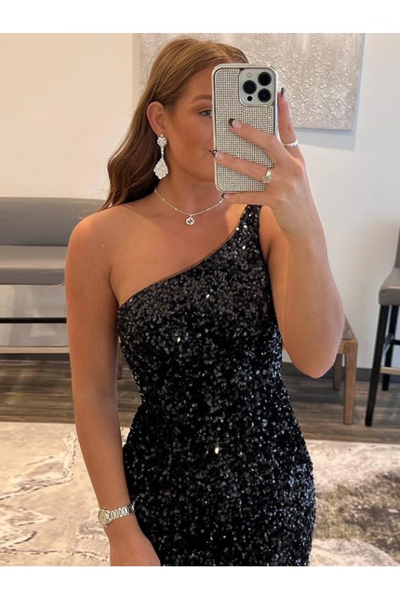 Cheap One Shoulder Sleeveless Short Velvet Sequin Prom Dress UK
