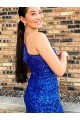 Cheap One Shoulder Sleeveless Short Velvet Sequin Royal Blue Prom Dress UK