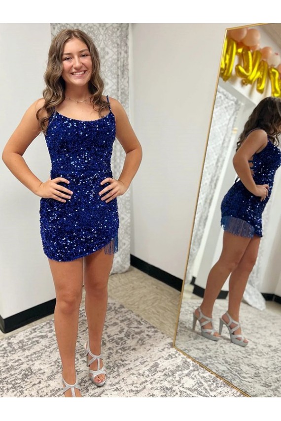 Cheap Spaghetti Straps Backless Sleeveless Short Velvet Sequin Prom Dress UK