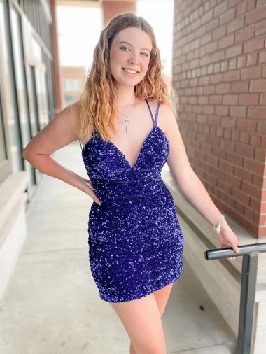Cheap Sleeveless Short Velvet Sequin V-Neck Prom Dress UK