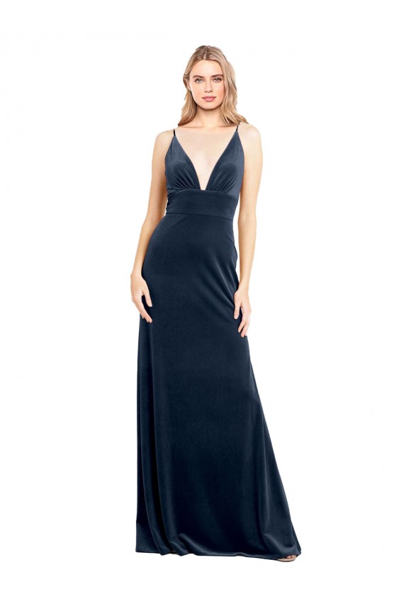 Cheap V-Back Long Velvet Bridesmaid Dress / Prom Dress with Notched V-Neck and Spaghetti Straps UK