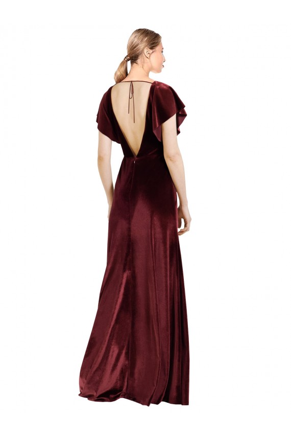 Cheap Flutter Sleeves Open Back Long Velvet Bridesmaid Dress / Prom Dress UK