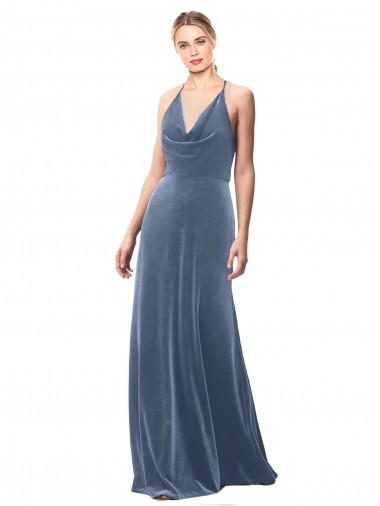 Cheap Halter Cowl Neck Long A-Line Velvet Bridesmaid Dress / Prom Dress with Keyhole Back UK