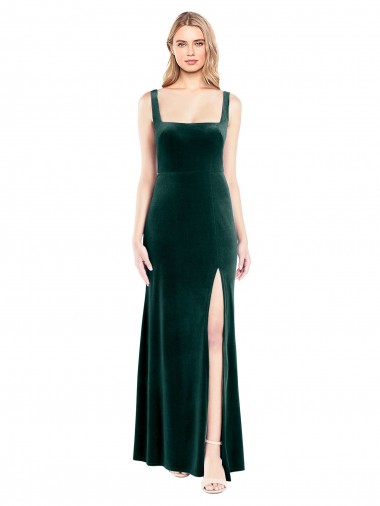 Cheap Square Neck Full Length Velvet Bridesmaid Dress / Prom Dress with Side Slit UK