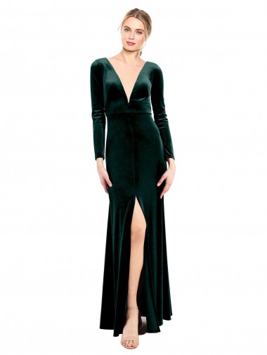 Cheap Plunging V-Neckline Long Sleeves Open Back Velvet Bridesmaid Dress / Prom Dress UK