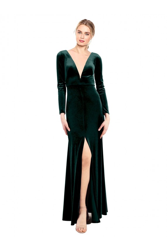 Cheap Plunging V-Neckline Long Sleeves Open Back Velvet Bridesmaid Dress / Prom Dress UK