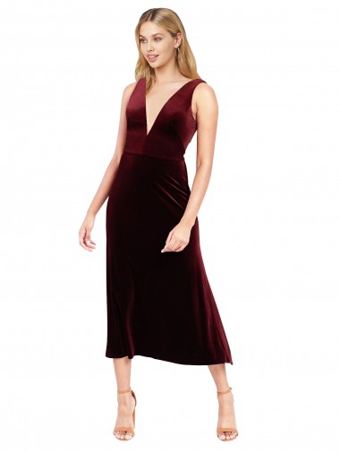 Cheap Daring Plunging V-Neckline Short Midi Cocktail Length Velvet Bridesmaid Dress / Prom Dress UK