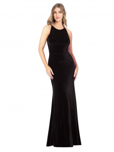 Cheap Vintage Velvet High Neck Formal Bridesmaid Dress / Prom Dress with Strappy Back UK