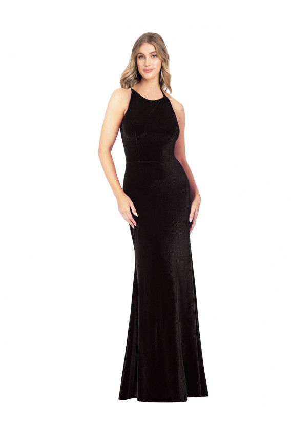 Cheap Vintage Velvet High Neck Formal Bridesmaid Dress / Prom Dress with Strappy Back UK