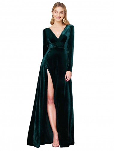 Cheap Deep V-Neck Long Sleeves Formal Velvet Bridesmaid Dress / Prom Dress with High Side Split UK