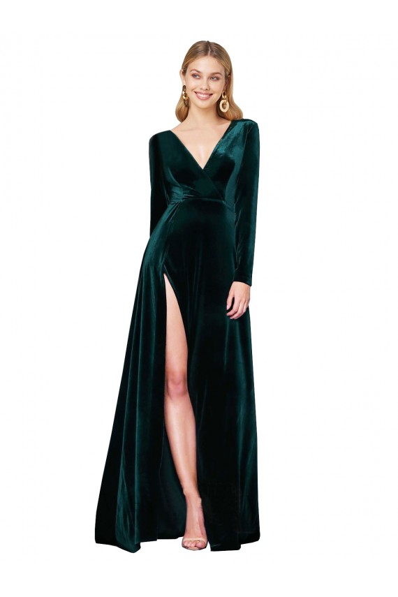 Cheap Deep V-Neck Long Sleeves Formal Velvet Bridesmaid Dress / Prom Dress with High Side Split UK