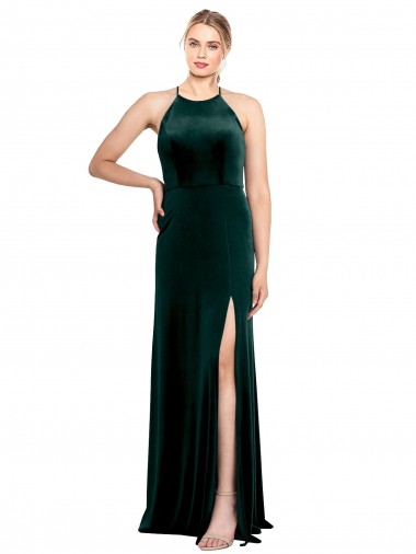 Cheap Long Jewel Neck Full Length Velvet Bridesmaid Dress / Prom Dress with Side Slit UK