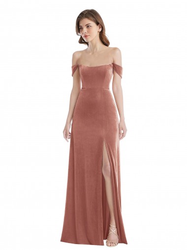 Cheap Off the Shoulder Flounce Sleeve Velvet Maxi Bridesmaid Dress / Prom Dress with Pockets UK