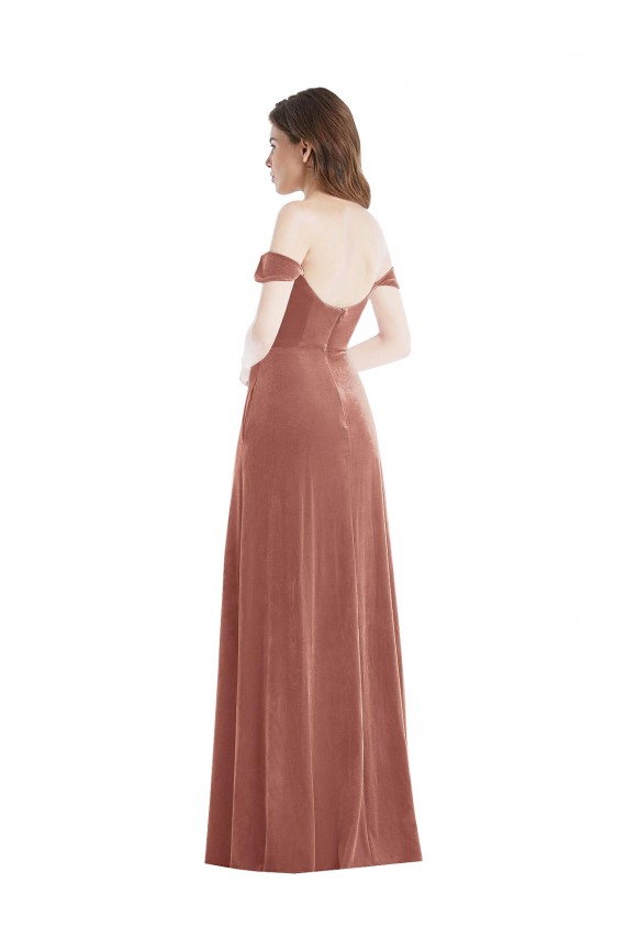 Cheap Off the Shoulder Flounce Sleeve Velvet Maxi Bridesmaid Dress / Prom Dress with Pockets UK