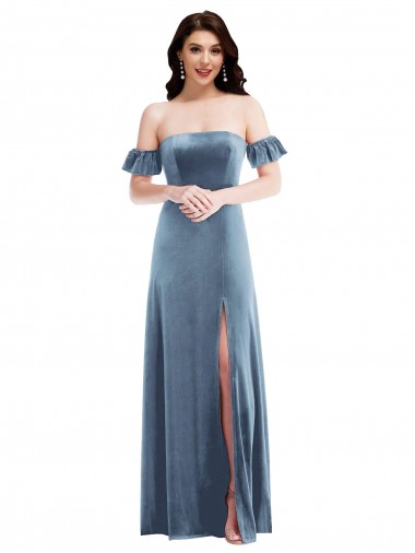 Cheap Ruffle Sleeve Off the Shoulder Velvet Maxi Bridesmaid Dress / Prom Dress UK