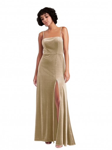 Cheap Square Neck Formal Velvet Maxi Bridesmaid Dress / Prom Dress with Front Slit & Pockets UK