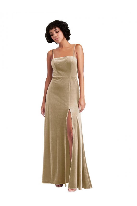 Cheap Square Neck Formal Velvet Maxi Bridesmaid Dress / Prom Dress with Front Slit & Pockets UK