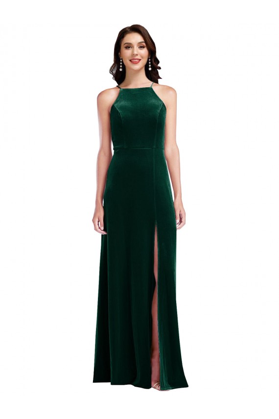 Cheap Velvet Halter Maxi Bridesmaid Dress / Prom Dress with Pockets & Front Slit UK