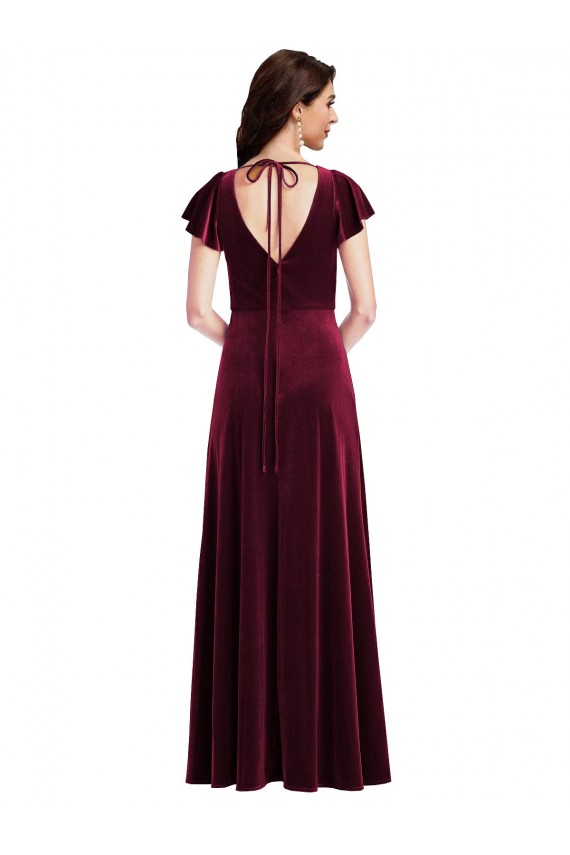 Cheap Flutter Sleeve Velvet Maxi Bridesmaid Dress / Prom Dress with Pockets UK
