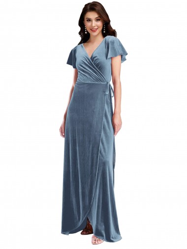 Cheap Flutter Sleeve Velvet Wrap Maxi Bridesmaid Dress / Prom Dress with Pockets UK