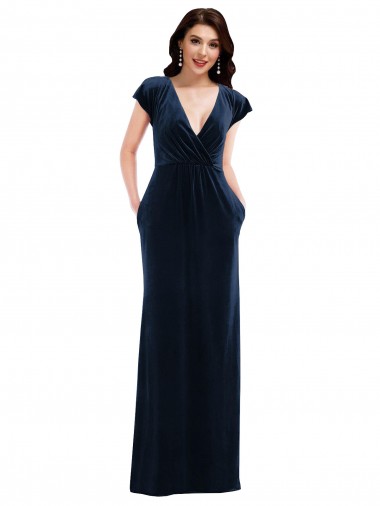 Cheap Flutter Sleeve Wrap Bodice Formal Velvet Maxi Bridesmaid Dress / Prom Dress with Pockets UK