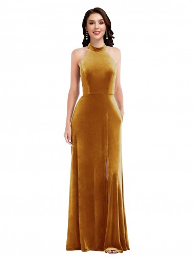 Cheap High-Neck Halter Velvet Maxi Bridesmaid Dress / Prom Dress with Front Slit UK