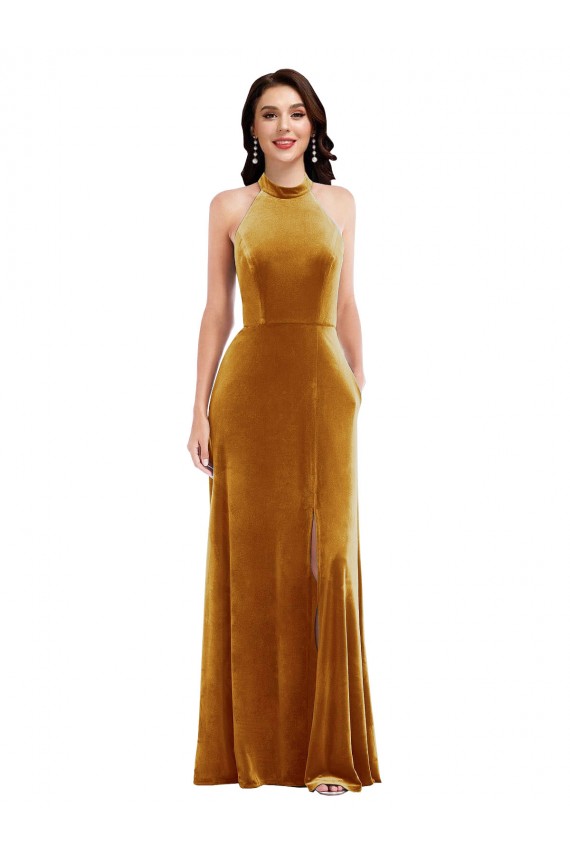 Cheap High-Neck Halter Velvet Maxi Bridesmaid Dress / Prom Dress with Front Slit UK