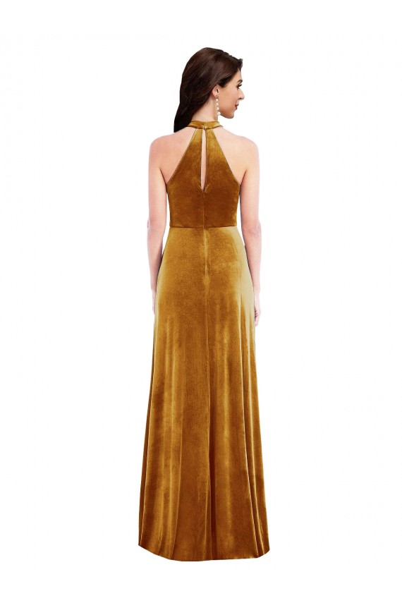 Cheap High-Neck Halter Velvet Maxi Bridesmaid Dress / Prom Dress with Front Slit UK
