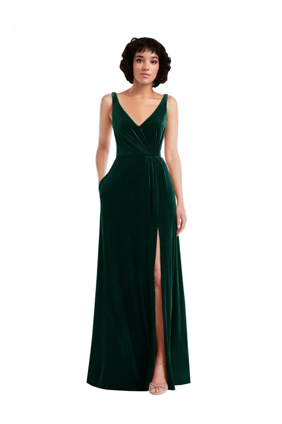 Cheap Floor Length Velvet Maxi Bridesmaid Dress / Prom Dress with Shirred Bodice and Front Slit UK