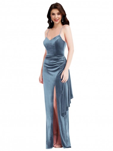 Cheap Spaghetti Strap Formal Velvet Maxi Bridesmaid Dress / Prom Dress with Draped Skirt UK