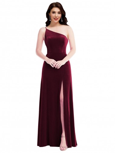 Cheap One Shoulder Spaghetti Strap Velvet Maxi Bridesmaid Dress / Prom Dress with Pockets UK